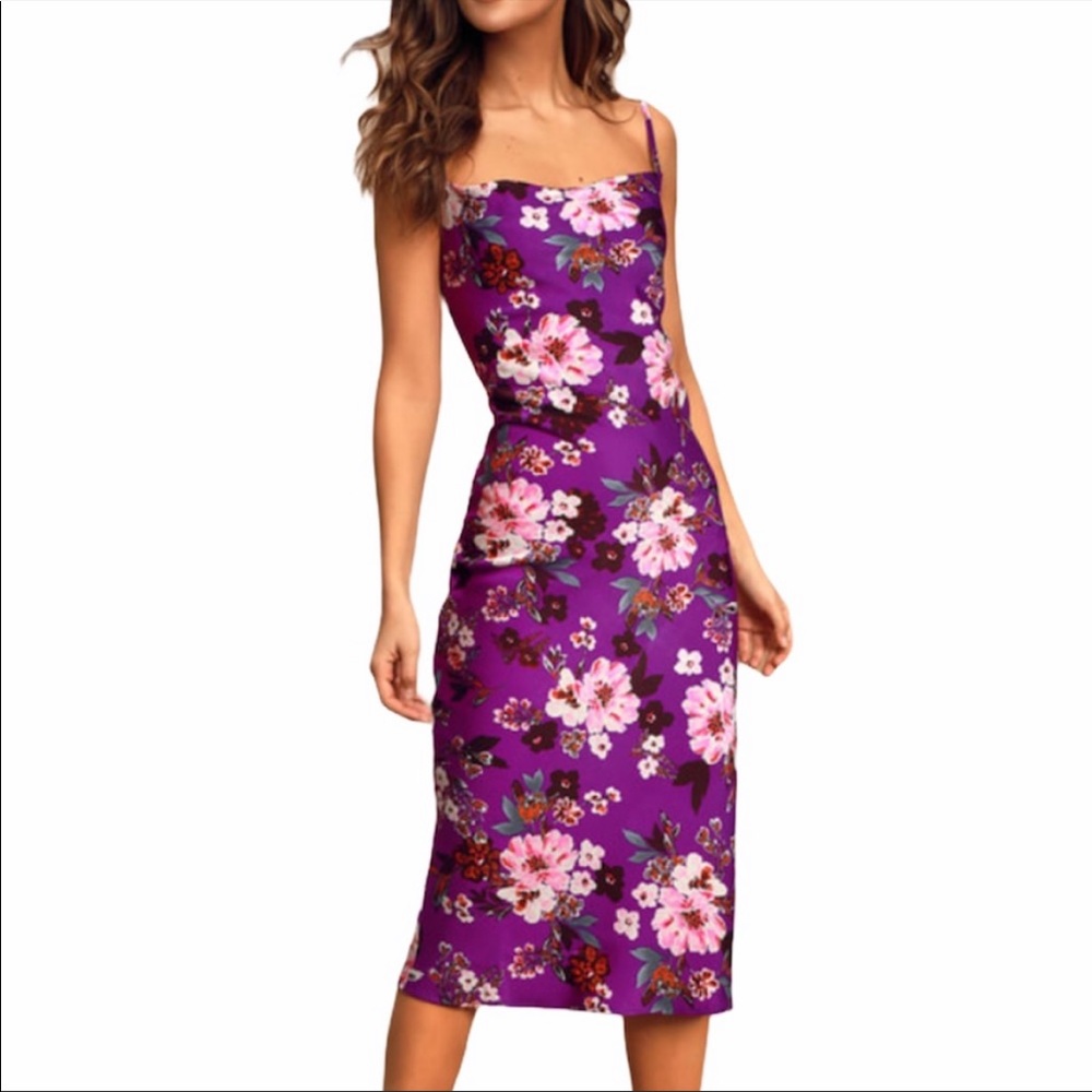 Lulu’s purple floral satin midi dress NWT size S
